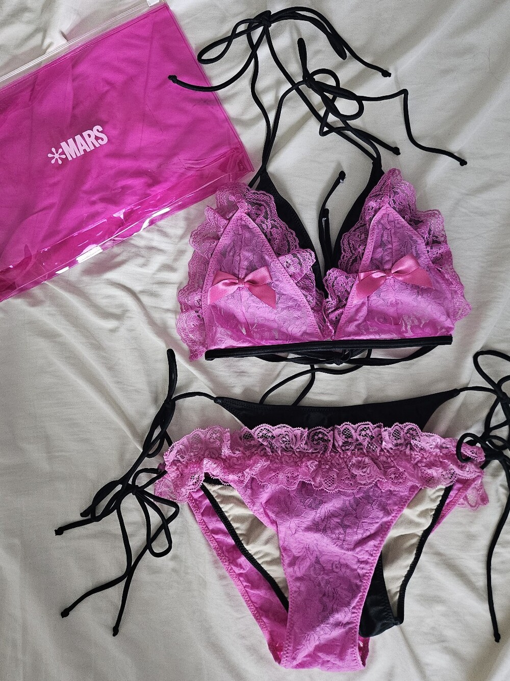 Rare Ma*rs Agejo Gyaru Pink And Black Lace Layered Bikini With Pouch